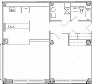 Floor plan for 1 bed, 1 bath, 1000 sqft